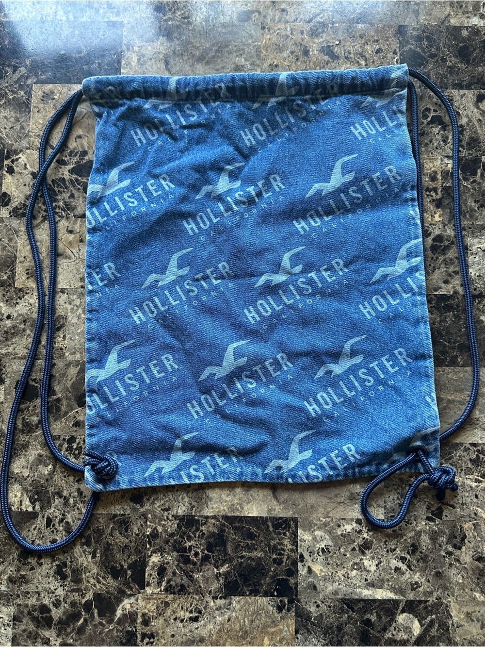 Hollister Navy Blue Logo Drawstring Sackpack chambray denim